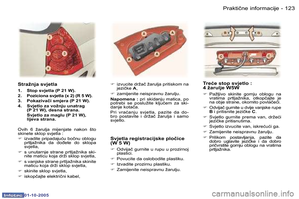 Peugeot 307 SW 2005.5  Vodič za korisnike (in Croatian) �P�r�a�k�t�i�č�n�e� �i�n�f�o�r�m�a�c�i�j�e�1�2�2 �-
�0�1�-�1�0�-�2�0�0�5
�1�2�3�P�r�a�k�t�i�č�n�e� �i�n�f�o�r�m�a�c�i�j�e�-
�0�1�-�1�0�-�2�0�0�5
�S�t�r�a�ž�n�j�a� �s�v�j�e�t�l�a
�1�.�  �S�t�o�p� �s