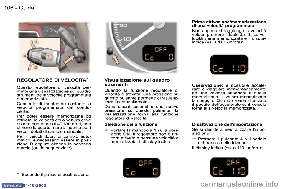 Peugeot 307 SW 2005.5  Manuale del proprietario (in Italian) �G�u�i�d�a�1�0�6 �-
�0�1�-�1�0�-�2�0�0�5
�1�0�7�G�u�i�d�a�-
�0�1�-�1�0�-�2�0�0�5
�R�E�G�O�L�A�T�O�R�E� �D�I� �V�E�L�O�C�I�T�A�*
�Q�u�e�s�t�o�  �r�e�g�o�l�a�t�o�r�e�  �d�i�  �v�e�l�o�c�i�t�à�  �p�e�r�