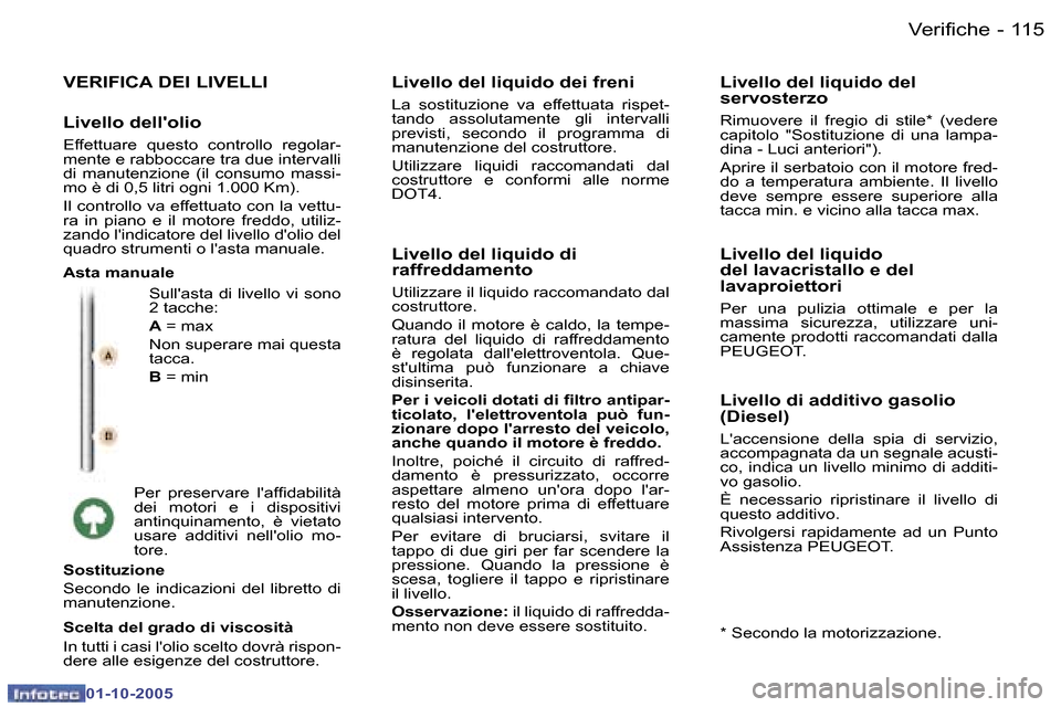 Peugeot 307 SW 2005.5  Manuale del proprietario (in Italian) �V�e�r�i�f�i�c�h�e�1�1�4 �-
�0�1�-�1�0�-�2�0�0�5
�1�1�5�V�e�r�i�f�i�c�h�e�-
�0�1�-�1�0�-�2�0�0�5
�V�E�R�I�F�I�C�A� �D�E�I� �L�I�V�E�L�L�I
�S�u�l�l��a�s�t�a� �d�i� �l�i�v�e�l�l�o� �v�i� �s�o�n�o�  
�2