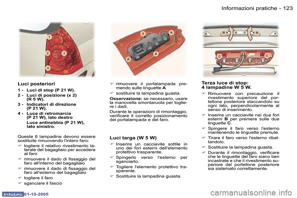 Peugeot 307 SW 2005.5  Manuale del proprietario (in Italian) �1�2�2 �-
�0�1�-�1�0�-�2�0�0�5
�1�2�3
�-
�0�1�-�1�0�-�2�0�0�5
�L�u�c�i� �p�o�s�t�e�r�i�o�r�i
�1� �-�  �L�u�c�i� �d�i� �s�t�o�p� �(�P� �2�1� �W�)�. 
�2� �-�  �L�u�c�i� �d�i� �p�o�s�i�z�i�o�n�e� �(�x� �