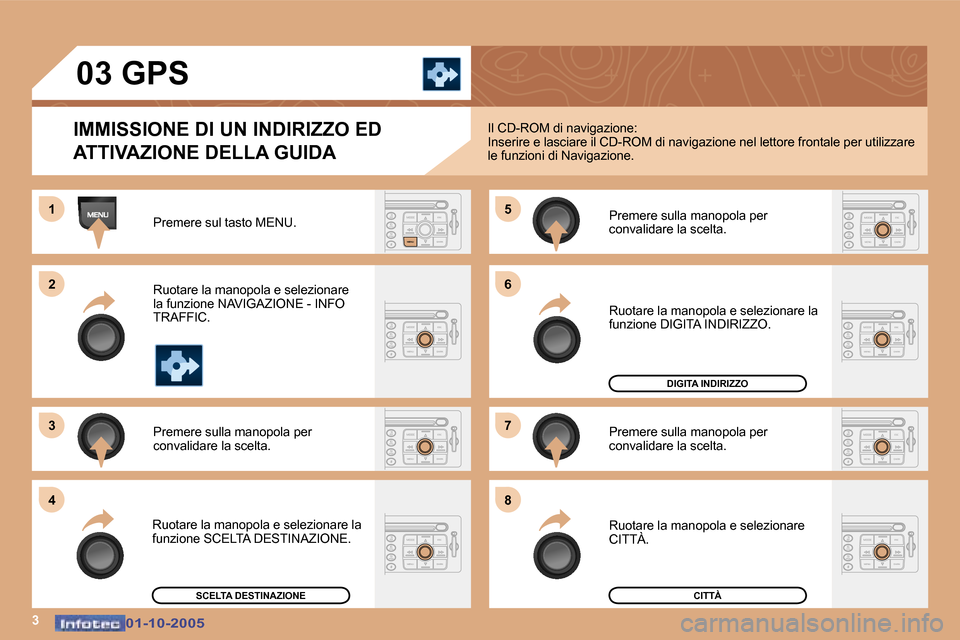 Peugeot 307 SW 2005.5  Manuale del proprietario (in Italian) �3
�1 
�2 
�3�5 
�7
�4 �6 
�8
�0�1�-�1�0�-�2�0�0�5�0�1�-�1�0�-�2�0�0�5
�0�3� �G�P�S
�I�M�M�I�S�S�I�O�N�E� �D�I� �U�N� �I�N�D�I�R�I�Z�Z�O� �E�D�  
�A�T�T�I�V�A�Z�I�O�N�E� �D�E�L�L�A� �G�U�I�D�A
�P�r�e�