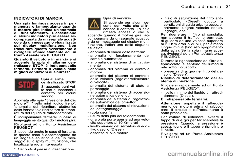 Peugeot 307 SW 2005.5  Manuale del proprietario (in Italian) �C�o�n�t�r�o�l�l�o� �d�i� �m�a�r�c�i�a�2�0 �-
�0�1�-�1�0�-�2�0�0�5
�2�1�C�o�n�t�r�o�l�l�o� �d�i� �m�a�r�c�i�a�-
�0�1�-�1�0�-�2�0�0�5
�I�N�D�I�C�A�T�O�R�I� �D�I� �M�A�R�C�I�A� 
�U�n�a�  �s�p�i�a�  �l�u