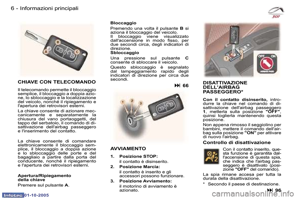 Peugeot 307 SW 2005.5  Manuale del proprietario (in Italian) �I�n�f�o�r�m�a�z�i�o�n�i� �p�r�i�n�c�i�p�a�l�i
�6 �-
�0�1�-�1�0�-�2�0�0�5
�7
�I�n�f�o�r�m�a�z�i�o�n�i� �p�r�i�n�c�i�p�a�l�i
�-
�0�1�-�1�0�-�2�0�0�5
�C�H�I�A�V�E� �C�O�N� �T�E�L�E�C�O�M�A�N�D�O
�I�l� �
