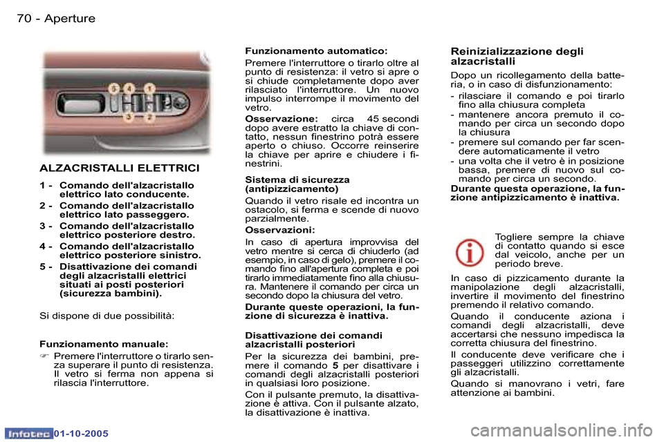 Peugeot 307 SW 2005.5  Manuale del proprietario (in Italian) �A�p�e�r�t�u�r�e�7�0 �-
�0�1�-�1�0�-�2�0�0�5
�7�1�A�p�e�r�t�u�r�e�-
�0�1�-�1�0�-�2�0�0�5
�A�L�Z�A�C�R�I�S�T�A�L�L�I� �E�L�E�T�T�R�I�C�I
�1� �-�  �C�o�m�a�n�d�o� �d�e�l�l��a�l�z�a�c�r�i�s�t�a�l�l�o� �