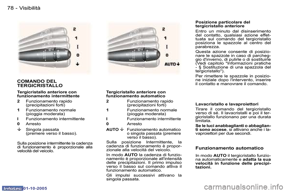 Peugeot 307 SW 2005.5  Manuale del proprietario (in Italian) �V�i�s�i�b�i�l�i�t�à�7�8 �-
�0�1�-�1�0�-�2�0�0�5
�7�9�V�i�s�i�b�i�l�i�t�à�-
�0�1�-�1�0�-�2�0�0�5
�P�o�s�i�z�i�o�n�e� �p�a�r�t�i�c�o�l�a�r�e� �d�e�l�  
�t�e�r�g�i�c�r�i�s�t�a�l�l�o� �a�n�t�e�r�i�o�r�