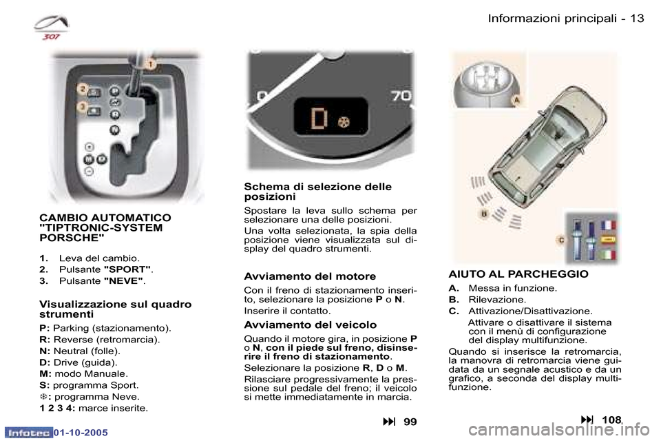 Peugeot 307 SW 2005.5  Manuale del proprietario (in Italian) �I�n�f�o�r�m�a�z�i�o�n�i� �p�r�i�n�c�i�p�a�l�i�1�2 �-
�0�1�-�1�0�-�2�0�0�5
�1�3�I�n�f�o�r�m�a�z�i�o�n�i� �p�r�i�n�c�i�p�a�l�i�-
�0�1�-�1�0�-�2�0�0�5
�C�A�M�B�I�O� �A�U�T�O�M�A�T�I�C�O�  
�"�T�I�P�T�R�