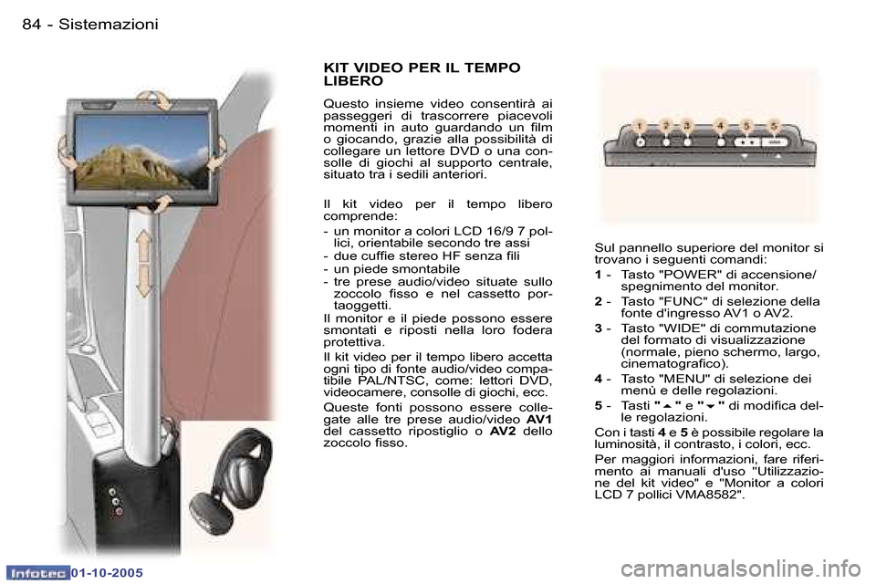 Peugeot 307 SW 2005.5  Manuale del proprietario (in Italian) �8�4 �-
�0�1�-�1�0�-�2�0�0�5
�8�5�S�i�s�t�e�m�a�z�i�o�n�i�-
�0�1�-�1�0�-�2�0�0�5
�K�I�T� �V�I�D�E�O� �P�E�R� �I�L� �T�E�M�P�O�  
�L�I�B�E�R�O
�Q�u�e�s�t�o�  �i�n�s�i�e�m�e�  �v�i�d�e�o�  �c�o�n�s�e�n�