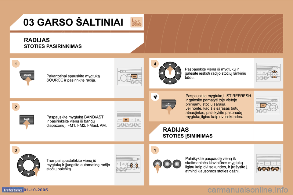 Peugeot 307 SW 2005.5  Savininko vadovas (in Lithuanian) �1 
�2 
�3�4 
�1
�3�0�1�-�1�0�-�2�0�0�5�0�1�-�1�0�-�2�0�0�5
�0�3� �G�A�R�S�O� �Š�A�L�T�I�N�I�A�I
�R�A�D�I�J�A�S 
�S�T�O�T�I�E�S� �P�A�S�I�R�I�N�K�I�M�A�S
�R�A�D�I�J�A�S
�S�T�O�T�I�E�S� 