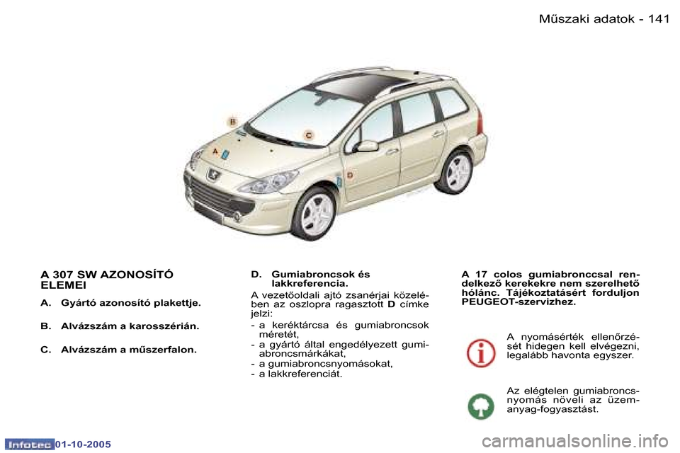 Peugeot 307 SW 2005.5  Kezelési útmutató (in Hungarian) �MC�s�z�a�k�i� �a�d�a�t�o�k�1�4�0 �-
�0�1�-�1�0�-�2�0�0�5
�1�4�1�MC�s�z�a�k�i� �a�d�a�t�o�k�-
�0�1�-�1�0�-�2�0�0�5
�A� �3�0�7� �S�W� �A�Z�O�N�O�S�Í�T�Ó�  
�E�L�E�M�E�I
�A�.�  �G�y�á�r�t�ó� �a�z�