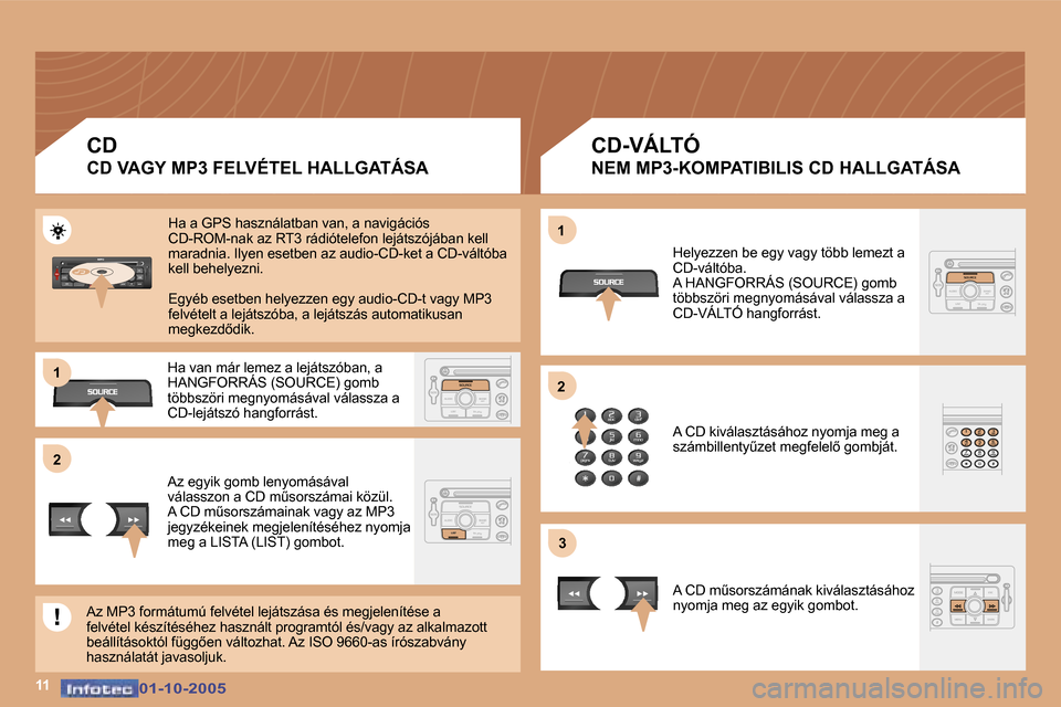 Peugeot 307 SW 2005.5  Kezelési útmutató (in Hungarian) �2�1 
�2
�3
�1�1
�1
�0�1�-�1�0�-�2�0�0�5�0�1�-�1�0�-�2�0�0�5
�C�D 
�C�D� �V�A�G�Y� �M�P�3� �F�E�L�V�É�T�E�L� �H�A�L�L�G�A�T�Á�S�A �C�D�-�V�Á�L�T�Ó
�N�E�M� �M�P�3�-�K�O�M�P�A�T�I�B�I�L�I�S� �C�D� �