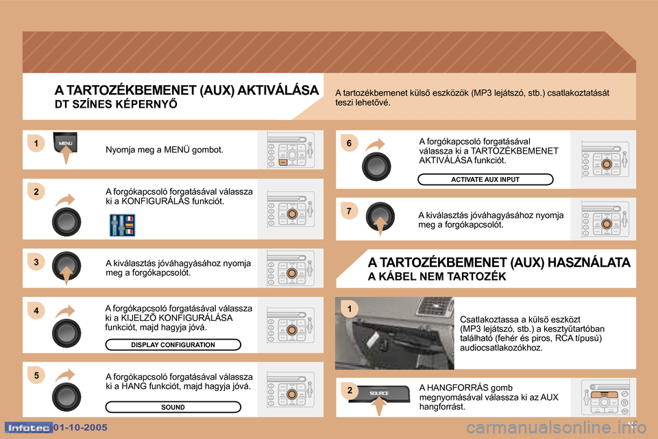 Peugeot 307 SW 2005.5  Kezelési útmutató (in Hungarian) �1�8
�2 
�3 
�4�5 �6 
�7
�1
�1
�2
�A� �T�A�R�T�O�Z�É�K�B�E�M�E�N�E�T� �(�A�U�X�)� �A�K�T�I�V�Á�L�Á�S�A� 
�D�T� �S�Z�Í�N�E�S� �K�É�P�E�R�N�Y4
�N�y�o�m�j�a� �m�e�g� �a� �M�E�N�Ü� �g�o�m�b�o�t�. 
