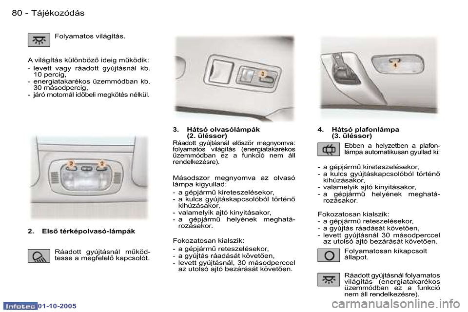 Peugeot 307 SW 2005.5  Kezelési útmutató (in Hungarian) �T�á�j�é�k�o�z�ó�d�á�s�8�0 �-
�0�1�-�1�0�-�2�0�0�5
�3�.�  �H�á�t�s�ó� �o�l�v�a�s�ó�l�á�m�p�á�k� �(�2�.� �ü�l�é�s�s�o�r�)
�F�o�l�y�a�m�a�t�o�s�a�n� �k�i�k�a�p�c�s�o�l�t�  
�á�l�l�a�p�o�t�.
