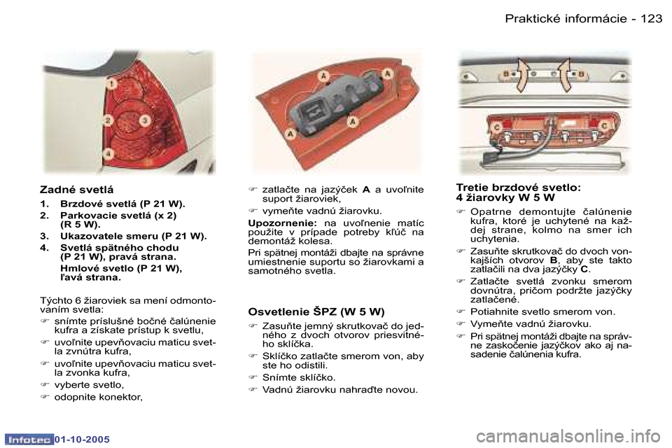 Peugeot 307 SW 2005.5  Užívateľská príručka (in Slovak) �P�r�a�k�t�i�c�k�é� �i�n�f�o�r�m�á�c�i�e�1�2�2 �-
�0�1�-�1�0�-�2�0�0�5
�1�2�3�P�r�a�k�t�i�c�k�é� �i�n�f�o�r�m�á�c�i�e�-
�0�1�-�1�0�-�2�0�0�5
�Z�a�d�n�é� �s�v�e�t�l�á
�1�.�  �B�r�z�d�o�v�é� �s�v