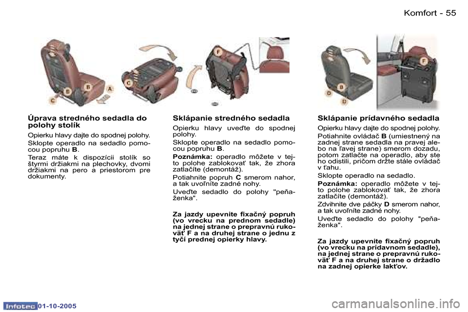 Peugeot 307 SW 2005.5  Užívateľská príručka (in Slovak) �K�o�m�f�o�r�t�5�4 �-
�0�1�-�1�0�-�2�0�0�5
�5�5�K�o�m�f�o�r�t�-
�0�1�-�1�0�-�2�0�0�5
�Ú�p�r�a�v�a� �s�t�r�e�d�n�é�h�o� �s�e�d�a�d�l�a� �d�o�  
�p�o�l�o�h�y� �s�t�o�l�í�k
�O�p�i�e�r�k�u� �h�l�a�v�y�