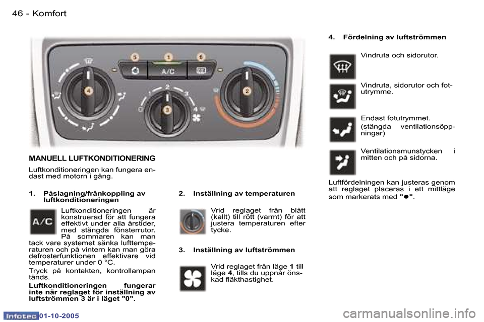 Peugeot 307 SW 2005.5  Ägarmanual (in Swedish) �K�o�m�f�o�r�t�4�6 �-
�0�1�-�1�0�-�2�0�0�5
�4�7�K�o�m�f�o�r�t�-
�0�1�-�1�0�-�2�0�0�5
�M�A�N�U�E�L�L� �L�U�F�T�K�O�N�D�I�T�I�O�N�E�R�I�N�G
�L�u�f�t�k�o�n�d�i�t�i�o�n�e�r�i�n�g�e�n� �k�a�n� �f�u�n�g�e�r