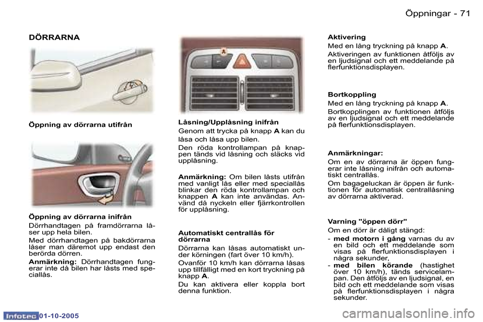 Peugeot 307 SW 2005.5  Ägarmanual (in Swedish) �Ö�p�p�n�i�n�g�a�r�7�0 �-
�0�1�-�1�0�-�2�0�0�5
�7�1�Ö�p�p�n�i�n�g�a�r�-
�0�1�-�1�0�-�2�0�0�5
�Ö�p�p�n�i�n�g� �a�v� �d�ö�r�r�a�r�n�a� �i�n�i�f�r�å�n 
�D�ö�r�r�h�a�n�d�t�a�g�e�n�  �p�å�  �f�r�a�m