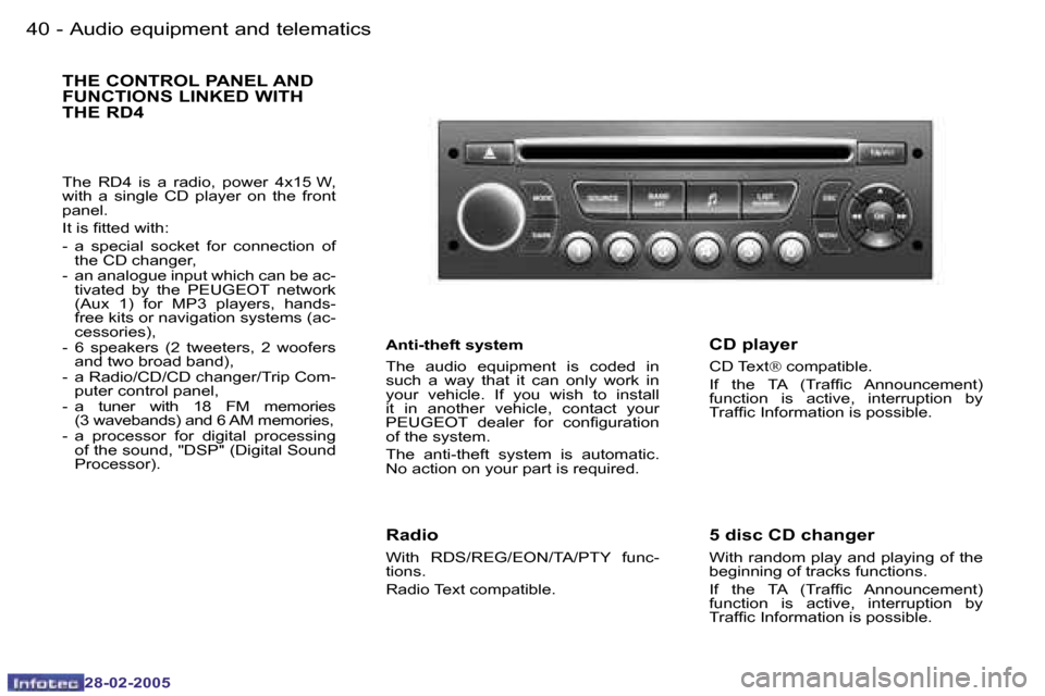 Peugeot 307 SW 2005 Service Manual �4�0 �-
�2�8�-�0�2�-�2�0�0�5
�4�1
�-
�2�8�-�0�2�-�2�0�0�5
�A�u�d�i�o� �e�q�u�i�p�m�e�n�t� �a�n�d� �t�e�l�e�m�a�t�i�c�s
�T�h�e�  �R�D�4�  �i�s�  �a�  �r�a�d�i�o�,�  �p�o�w�e�r�  �4�x�1�5� �W�,�  
�w�i�