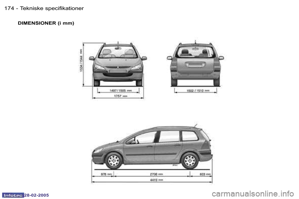 Peugeot 307 SW 2005  Instruktionsbog (in Danish) �T�e�k�n�i�s�k�e� �s�p�e�c�i�f�i�k�a�t�i�o�n�e�r�1�7�4 �-
�2�8�-�0�2�-�2�0�0�5
�1�7�5�T�e�k�n�i�s�k�e� �s�p�e�c�i�f�i�k�a�t�i�o�n�e�r�-
�2�8�-�0�2�-�2�0�0�5
�D�I�M�E�N�S�I�O�N�E�R� �(�i� �m�m�)  