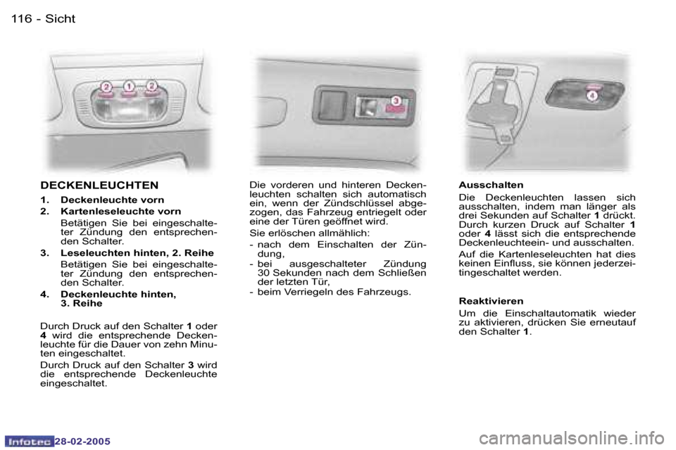 Peugeot 307 SW 2005  Betriebsanleitung (in German) �1�1�6 �-
�2�8�-�0�2�-�2�0�0�5
�D�E�C�K�E�N�L�E�U�C�H�T�E�N
�1�.�  �D�e�c�k�e�n�l�e�u�c�h�t�e� �v�o�r�n 
�2�.�  �K�a�r�t�e�n�l�e�s�e�l�e�u�c�h�t�e� �v�o�r�n
�  �B�e�t�ä�t�i�g�e�n�  �S�i�e�  �b�e�i�  
