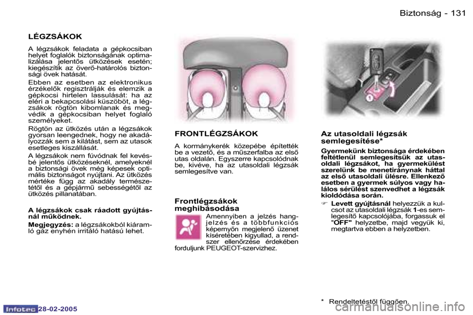 Peugeot 307 SW 2005  Kezelési útmutató (in Hungarian) �B�i�z�t�o�n�s�á�g�1�3�0 �-
�2�8�-�0�2�-�2�0�0�5
�1�3�1�B�i�z�t�o�n�s�á�g�-
�2�8�-�0�2�-�2�0�0�5
�L�É�G�Z�S�Á�K�O�K
�A�  �l�é�g�z�s�á�k�o�k�  �f�e�l�a�d�a�t�a�  �a�  �g�é�p�k�o�c�s�i�b�a�n�  
�