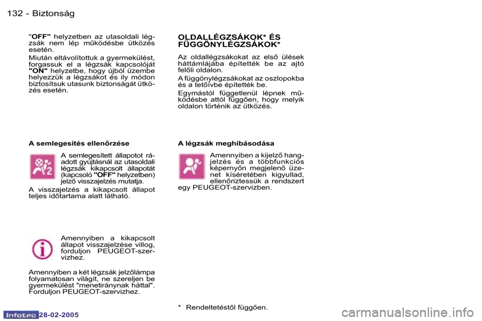 Peugeot 307 SW 2005  Kezelési útmutató (in Hungarian) �B�i�z�t�o�n�s�á�g�1�3�2 �-
�2�8�-�0�2�-�2�0�0�5
�1�3�3�B�i�z�t�o�n�s�á�g�-
�2�8�-�0�2�-�2�0�0�5
�"�O�F�F�"�  �h�e�l�y�z�e�t�b�e�n�  �a�z�  �u�t�a�s�o�l�d�a�l�i�  �l�é�g�-
�z�s�á�k�  �n�e�m�  �l�