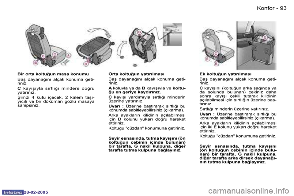 Peugeot 307 SW 2005  Kullanım Kılavuzu (in Turkish) �K�o�n�f�o�r�9�2 �-
�2�8�-�0�2�-�2�0�0�5
�9�3�K�o�n�f�o�r�-
�2�8�-�0�2�-�2�0�0�5
�B�i�r� �o�r�t�a� �k�o�l�t�u�ğ�u�n� �m�a�s�a� �k�o�n�u�m�u 
�B�a�ş�  �d�a�y�a�n�a�ğ�ı�n�ı�  �a�l�ç�a�k�  �k�o�n�u
