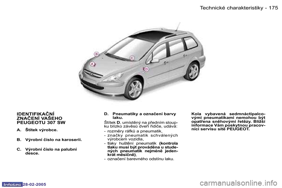 Peugeot 307 SW 2005  Návod k obsluze (in Czech) �T�e�c�h�n�i�c�k�é� �c�h�a�r�a�k�t�e�r�i�s�t�i�k�y�1�7�4 �-
�2�8�-�0�2�-�2�0�0�5
�1�7�5�T�e�c�h�n�i�c�k�é� �c�h�a�r�a�k�t�e�r�i�s�t�i�k�y�-
�2�8�-�0�2�-�2�0�0�5
�I�D�E�N�T�I�F�I�K�A�Č�N�Í�  
�Z�N�