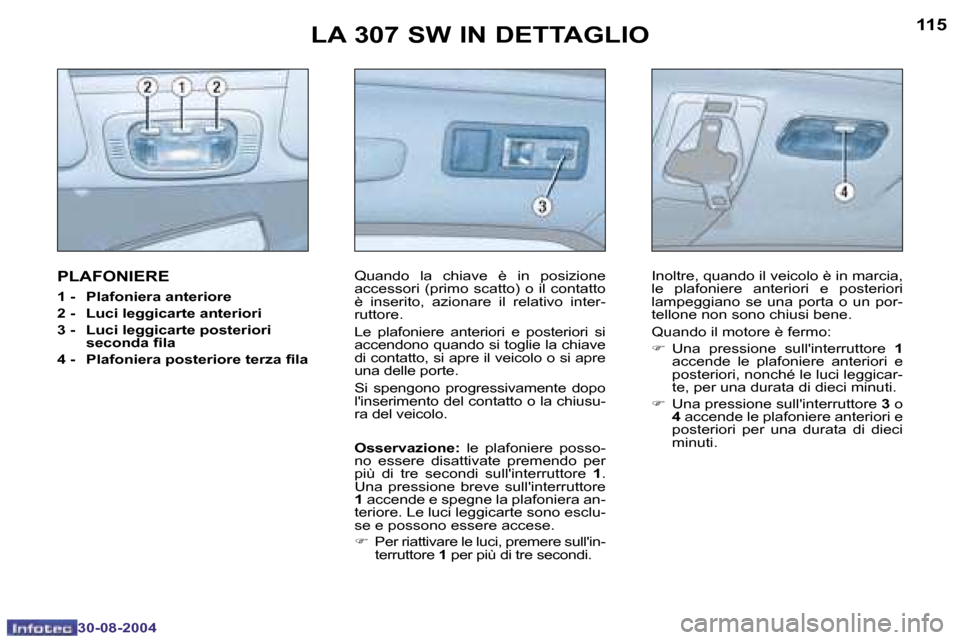 Peugeot 307 SW 2004.5  Manuale del proprietario (in Italian) �1�1�4
�3�0�-�0�8�-�2�0�0�4
�1�1�5
�3�0�-�0�8�-�2�0�0�4
�L�A� �3�0�7� �S�W� �I�N� �D�E�T�T�A�G�L�I�O
�P�L�A�F�O�N�I�E�R�E
�1� �-�  �P�l�a�f�o�n�i�e�r�a� �a�n�t�e�r�i�o�r�e 
�2� �-�  �L�u�c�i� �l�e�g�g