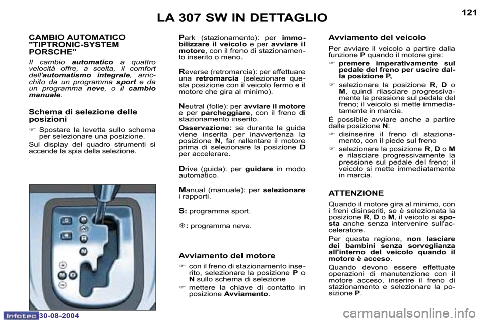 Peugeot 307 SW 2004.5  Manuale del proprietario (in Italian) �1�2�0
�3�0�-�0�8�-�2�0�0�4
�1�2�1
�3�0�-�0�8�-�2�0�0�4
�L�A� �3�0�7� �S�W� �I�N� �D�E�T�T�A�G�L�I�O
�C�A�M�B�I�O� �A�U�T�O�M�A�T�I�C�O�  
�"�T�I�P�T�R�O�N�I�C�-�S�Y�S�T�E�M� 
�P�O�R�S�C�H�E�"
�I�l�  