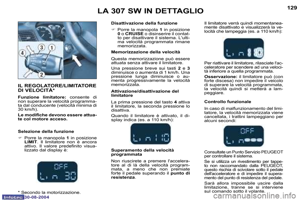 Peugeot 307 SW 2004.5  Manuale del proprietario (in Italian) �1�2�8
�3�0�-�0�8�-�2�0�0�4
�1�2�9
�3�0�-�0�8�-�2�0�0�4
�L�A� �3�0�7� �S�W� �I�N� �D�E�T�T�A�G�L�I�O
�I�L� �R�E�G�O�L�A�T�O�R�E�/�L�I�M�I�T�A�T�O�R�E�  
�D�I� �V�E�L�O�C�I�T�À�*
�F�u�n�z�i�o�n�e�  �l