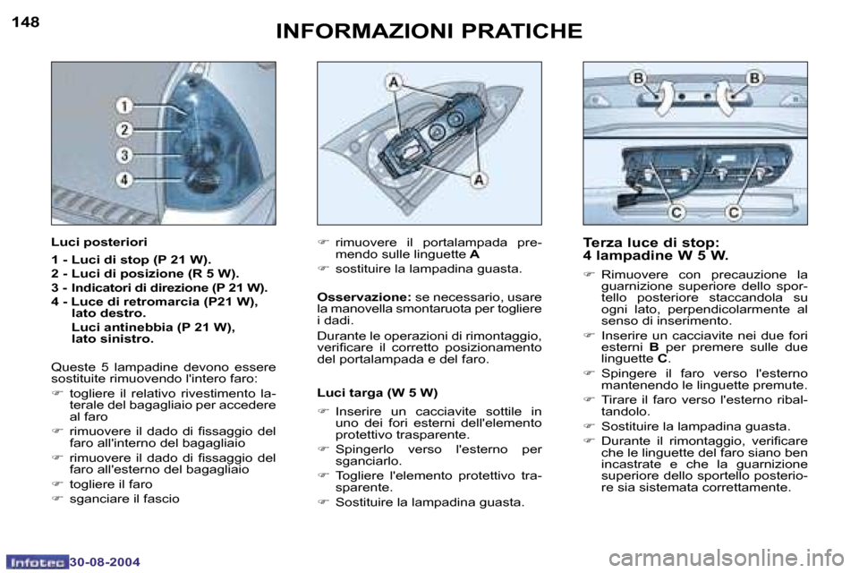 Peugeot 307 SW 2004.5  Manuale del proprietario (in Italian) �1�4�8
�3�0�-�0�8�-�2�0�0�4
�1�4�9
�3�0�-�0�8�-�2�0�0�4
�I�N�F�O�R�M�A�Z�I�O�N�I� �P�R�A�T�I�C�H�E�T�e�r�z�a� �l�u�c�e� �d�i� �s�t�o�p�:�  
�4� �l�a�m�p�a�d�i�n�e� �W� �5� �W�.
�F�  �R�i�m�u�o�v�e�r�e