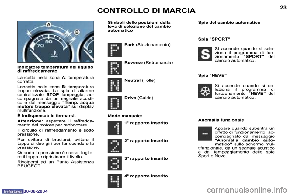 Peugeot 307 SW 2004.5  Manuale del proprietario (in Italian) �2�2
�3�0�-�0�8�-�2�0�0�4
�2�3
�3�0�-�0�8�-�2�0�0�4
�I�n�d�i�c�a�t�o�r�e� �t�e�m�p�e�r�a�t�u�r�a� �d�e�l� �l�i�q�u�i�d�o�  
�d�i� �r�a�f�f�r�e�d�d�a�m�e�n�t�o 
�L�a�n�c�e�t�t�a�  �n�e�l�l�a�  �z�o�n�a