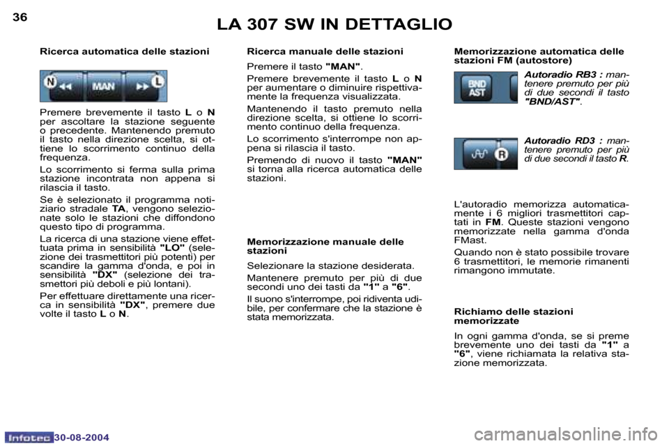 Peugeot 307 SW 2004.5  Manuale del proprietario (in Italian) �3�6
�3�0�-�0�8�-�2�0�0�4
�3�7
�3�0�-�0�8�-�2�0�0�4
�L�A� �3�0�7� �S�W� �I�N� �D�E�T�T�A�G�L�I�O
�R�i�c�e�r�c�a� �m�a�n�u�a�l�e� �d�e�l�l�e� �s�t�a�z�i�o�n�i 
�P�r�e�m�e�r�e� �i�l� �t�a�s�t�o� �"�M�A�
