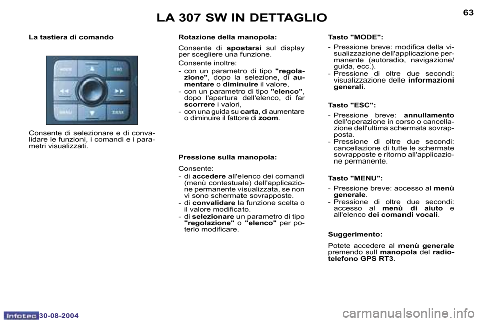 Peugeot 307 SW 2004.5  Manuale del proprietario (in Italian) �6�2
�3�0�-�0�8�-�2�0�0�4
�6�3
�3�0�-�0�8�-�2�0�0�4
�L�A� �3�0�7� �S�W� �I�N� �D�E�T�T�A�G�L�I�O
�L�a� �t�a�s�t�i�e�r�a� �d�i� �c�o�m�a�n�d�o 
�C�o�n�s�e�n�t�e�  �d�i�  �s�e�l�e�z�i�o�n�a�r�e�  �e�  �