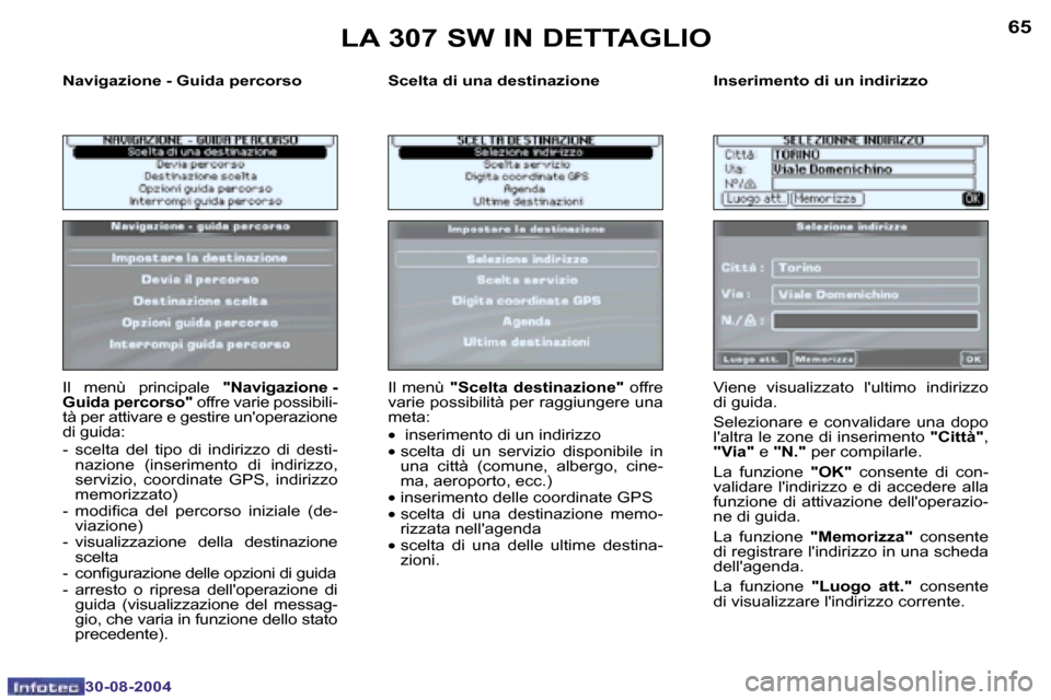Peugeot 307 SW 2004.5  Manuale del proprietario (in Italian) �6�4
�3�0�-�0�8�-�2�0�0�4
�6�5
�3�0�-�0�8�-�2�0�0�4
�N�a�v�i�g�a�z�i�o�n�e� �-� �G�u�i�d�a� �p�e�r�c�o�r�s�o �S�c�e�l�t�a� �d�i� �u�n�a� �d�e�s�t�i�n�a�z�i�o�n�e �I�n�s�e�r�i�m�e�n�t�o� �d�i� �u�n� �i