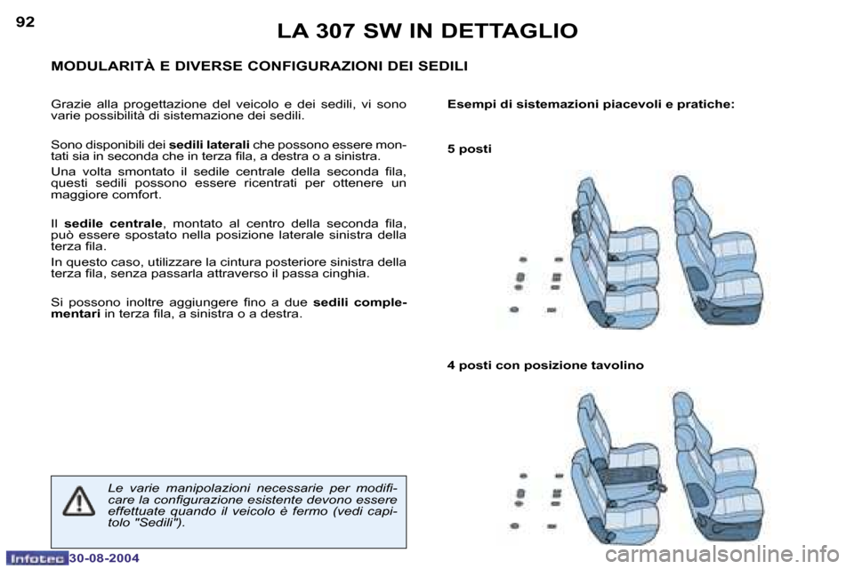 Peugeot 307 SW 2004.5  Manuale del proprietario (in Italian) �9�2
�3�0�-�0�8�-�2�0�0�4
�9�3
�3�0�-�0�8�-�2�0�0�4
�L�A� �3�0�7� �S�W� �I�N� �D�E�T�T�A�G�L�I�O
�M�O�D�U�L�A�R�I�T�À� �E� �D�I�V�E�R�S�E� �C�O�N�F�I�G�U�R�A�Z�I�O�N�I� �D�E�I� �S�E�D�I�L�I
�G�r�a�z�