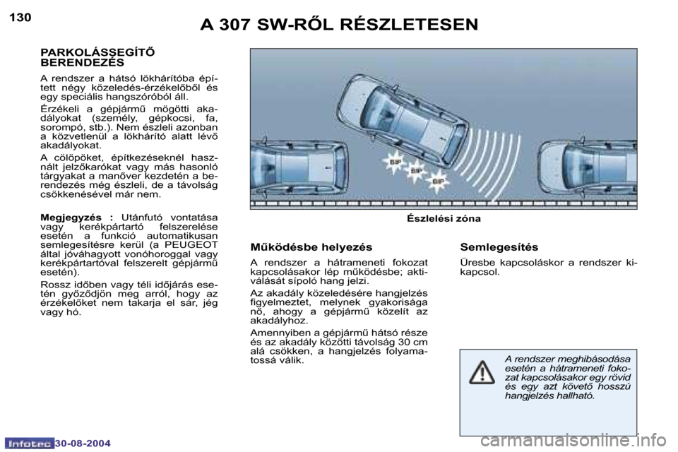 Peugeot 307 SW 2004.5  Kezelési útmutató (in Hungarian) �1�3�0
�3�0�-�0�8�-�2�0�0�4
�1�3�1
�3�0�-�0�8�-�2�0�0�4
�A� �3�0�7� �S�W�-�R4�L� �R�É�S�Z�L�E�T�E�S�E�N
�P�A�R�K�O�L�Á�S�S�E�G�Í�T4�  
�B�E�R�E�N�D�E�Z�É�S
�A�  �r�e�n�d�s�z�e�r�  �a�  �h�á�t�s