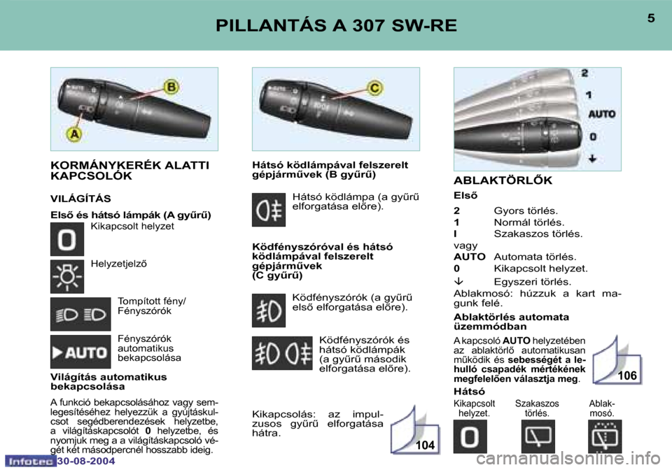 Peugeot 307 SW 2004.5  Kezelési útmutató (in Hungarian) �1�0�4
�1�0�6
�4
�3�0�-�0�8�-�2�0�0�4
�5
�3�0�-�0�8�-�2�0�0�4
�P�I�L�L�A�N�T�Á�S� �A� �3�0�7� �S�W�-�R�E
�A�B�L�A�K�T�Ö�R�L4�K
�E�l�s5 
�2� �G�y�o�r�s� �t�ö�r�l�é�s�.
�1 �  �N�o�r�m�á�l� �t�ö�