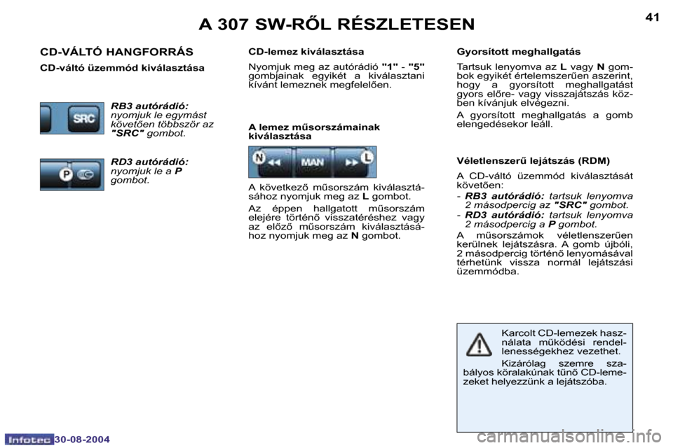 Peugeot 307 SW 2004.5  Kezelési útmutató (in Hungarian) �4�0
�3�0�-�0�8�-�2�0�0�4
�4�1
�3�0�-�0�8�-�2�0�0�4
�A� �3�0�7� �S�W�-�R4�L� �R�É�S�Z�L�E�T�E�S�E�N
�A� �l�e�m�e�z� �mC�s�o�r�s�z�á�m�a�i�n�a�k�  
�k�i�v�á�l�a�s�z�t�á�s�a�V�é�l�e�t�l�e�n�s�z�e