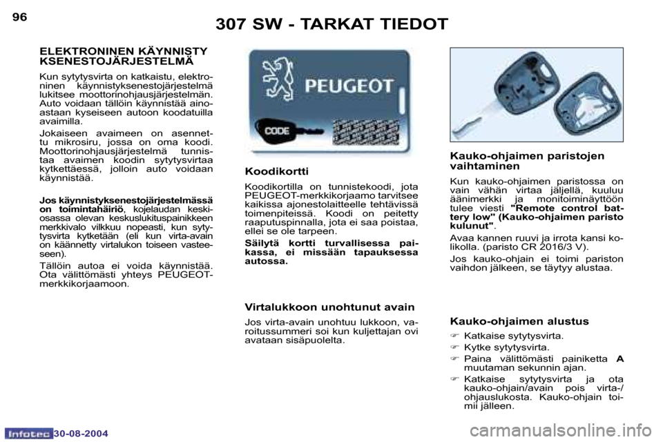 Peugeot 307 SW 2004.5  Omistajan käsikirja (in Finnish) �9�6
�3�0�-�0�8�-�2�0�0�4
�9�7
�3�0�-�0�8�-�2�0�0�4
�3�0�7� �S�W� �-� �T�A�R�K�A�T� �T�I�E�D�O�T
�E�L�E�K�T�R�O�N�I�N�E�N� �K�Ä�Y�N�N�I�S�T�Y 
�K�S�E�N�E�S�T�O�J�Ä�R�J�E�S�T�E�L�M�Ä
�K�u�n� �s�y�t�