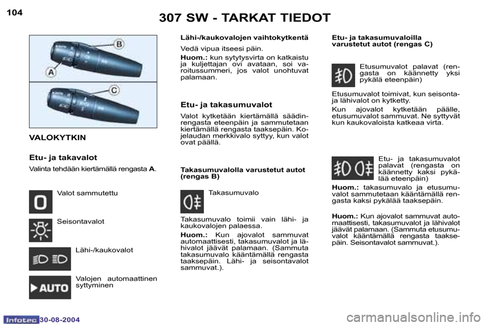 Peugeot 307 SW 2004.5  Omistajan käsikirja (in Finnish) �1�0�4
�3�0�-�0�8�-�2�0�0�4
�1�0�5
�3�0�-�0�8�-�2�0�0�4
�3�0�7� �S�W� �-� �T�A�R�K�A�T� �T�I�E�D�O�T
�V�A�L�O�K�Y�T�K�I�N
�L�ä�h�i�-�/�k�a�u�k�o�v�a�l�o�j�e�n� �v�a�i�h�t�o�k�y�t�k�e�n�t�ä 
�V�e�d�
