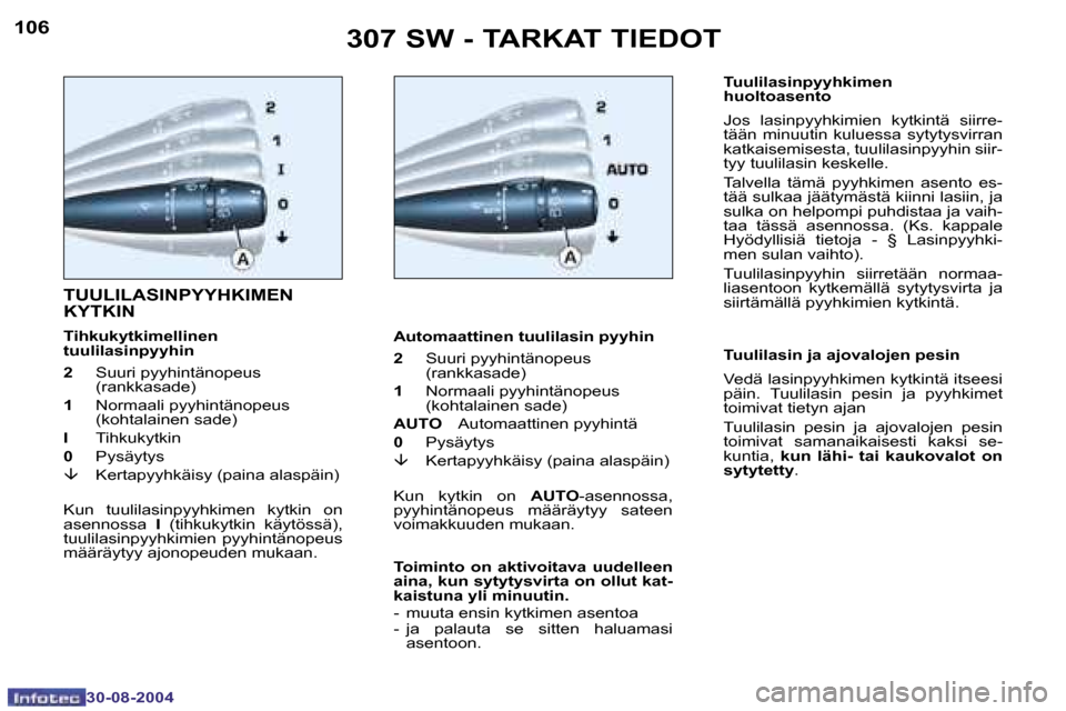 Peugeot 307 SW 2004.5  Omistajan käsikirja (in Finnish) �1�0�6
�3�0�-�0�8�-�2�0�0�4
�1�0�7
�3�0�-�0�8�-�2�0�0�4
�3�0�7� �S�W� �-� �T�A�R�K�A�T� �T�I�E�D�O�T
�T�U�U�L�I�L�A�S�I�N�P�Y�Y�H�K�I�M�E�N�  
�K�Y�T�K�I�N
�T�i�h�k�u�k�y�t�k�i�m�e�l�l�i�n�e�n�  
�t�u