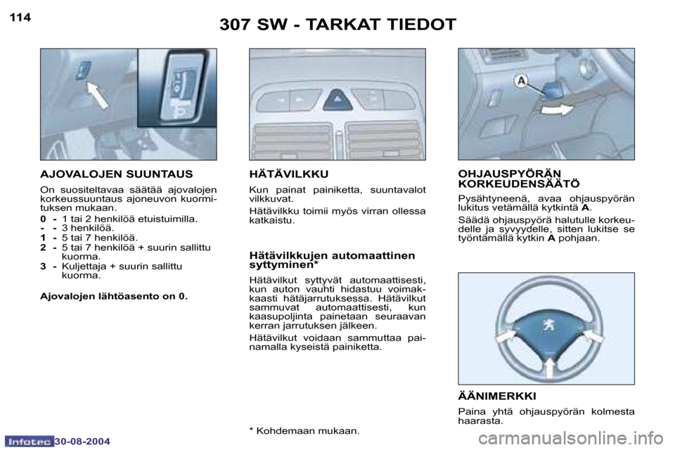 Peugeot 307 SW 2004.5  Omistajan käsikirja (in Finnish) �1�1�4
�3�0�-�0�8�-�2�0�0�4
�1�1�5
�3�0�-�0�8�-�2�0�0�4
�3�0�7� �S�W� �-� �T�A�R�K�A�T� �T�I�E�D�O�T
�A�J�O�V�A�L�O�J�E�N� �S�U�U�N�T�A�U�S
�O�n�  �s�u�o�s�i�t�e�l�t�a�v�a�a�  �s�ä�ä�t�ä�ä�  �a�j�