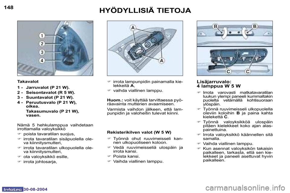 Peugeot 307 SW 2004.5  Omistajan käsikirja (in Finnish) �1�4�8
�3�0�-�0�8�-�2�0�0�4
�1�4�9
�3�0�-�0�8�-�2�0�0�4
�H�Y�Ö�D�Y�L�L�I�S�I�Ä� �T�I�E�T�O�J�A�L�i�s�ä�j�a�r�r�u�v�a�l�o�:�  
�4� �l�a�m�p�p�u�a� �W� �5� �W
�F�  �I�r�r�o�t�a�  �v�a�r�o�v�a�s�t�i� 