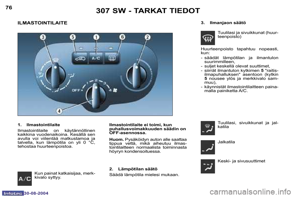 Peugeot 307 SW 2004.5  Omistajan käsikirja (in Finnish) �7�6
�3�0�-�0�8�-�2�0�0�4
�7�7
�3�0�-�0�8�-�2�0�0�4
�3�0�7� �S�W� �-� �T�A�R�K�A�T� �T�I�E�D�O�T
�I�L�M�A�S�T�O�I�N�T�I�L�A�I�T�E� 
�I�l�m�a�s�t�o�i�n�t�i�l�a�i�t�e� �e�i� �t�o�i�m�i�,� �k�u�n�  
�p�u