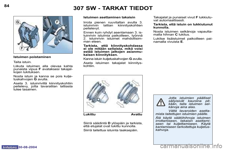 Peugeot 307 SW 2004.5  Omistajan käsikirja (in Finnish) �8�4
�3�0�-�0�8�-�2�0�0�4
�8�5
�3�0�-�0�8�-�2�0�0�4
�3�0�7� �S�W� �-� �T�A�R�K�A�T� �T�I�E�D�O�T
�I�s�t�u�i�m�e�n� �p�o�i�s�t�a�m�i�n�e�n 
�T�a�i�t�a� �i�s�t�u�i�n�. 
�L�i�i�k�u�t�a�  �i�s�t�u�i�m�e�n