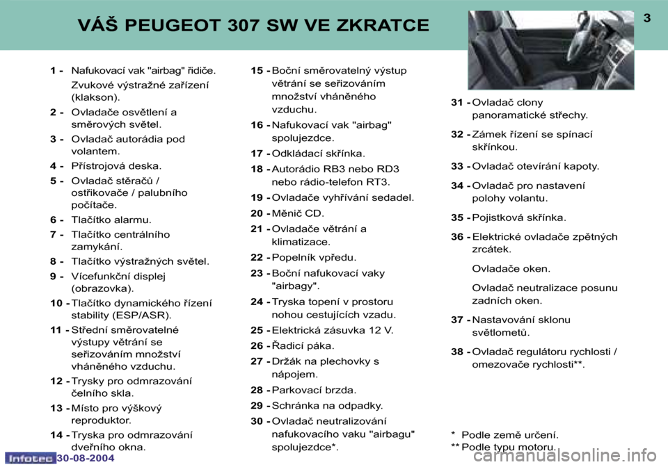 Peugeot 307 SW 2004.5  Návod k obsluze (in Czech) �2
�3�0�-�0�8�-�2�0�0�4
�3
�3�0�-�0�8�-�2�0�0�4
�1� �-�  �N�a�f�u�k�o�v�a�c�í� �v�a�k� �"�a�i�r�b�a�g�"� �i�d�i�č�e�.
�  �Z�v�u�k�o�v�é� �v�ý�s�t�r�a�ž�n�é� �z�a�í�z�e�n�í�  �(�k�l�a�k�s�o