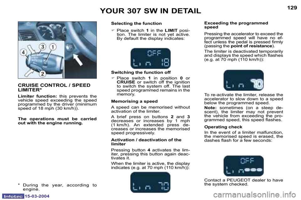 Peugeot 307 SW 2004  Owners Manual �1�2�8
�1�5�-�0�3�-�2�0�0�4
�1�2�9
�1�5�-�0�3�-�2�0�0�4
�Y�O�U�R� �3�0�7� �S�W� �I�N� �D�E�T�A�I�L
�C�R�U�I�S�E� �C�O�N�T�R�O�L� �/� �S�P�E�E�D�  
�L�I�M�I�T�E�R�*
�L�i�m�i�t�e�r�  �f�u�n�c�t�i�o�n�: 
