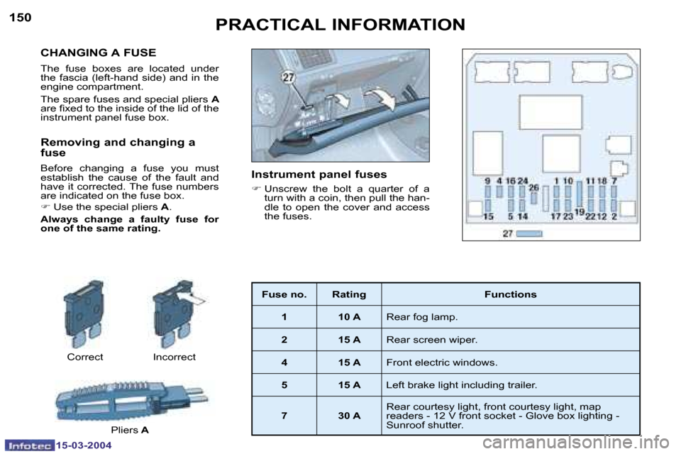 Peugeot 307 SW 2004  Owners Manual �1�5�0
�1�5�-�0�3�-�2�0�0�4
�1�5�1
�1�5�-�0�3�-�2�0�0�4
�C�H�A�N�G�I�N�G� �A� �F�U�S�E
�T�h�e�  �f�u�s�e�  �b�o�x�e�s�  �a�r�e�  �l�o�c�a�t�e�d�  �u�n�d�e�r�  
�t�h�e�  �f�a�s�c�i�a�  �(�l�e�f�t�-�h�a
