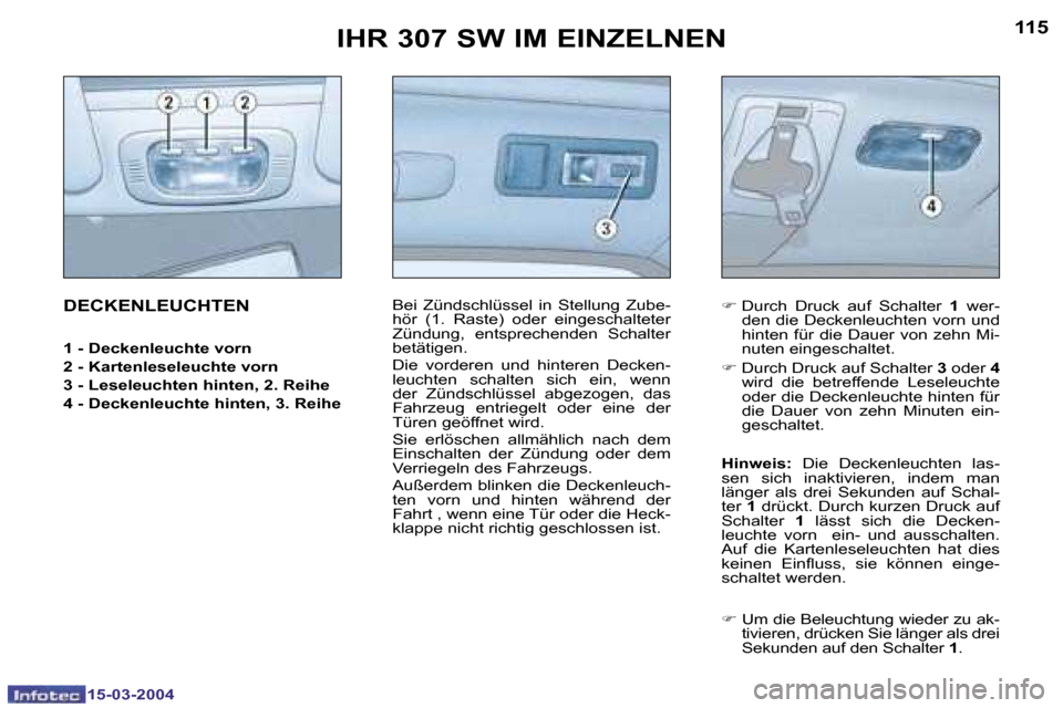 Peugeot 307 SW 2004  Betriebsanleitung (in German) �1�5�-�0�3�-�2�0�0�4�1�5�-�0�3�-�2�0�0�4
�1�1�4�1�1�5�I�H�R� �3�0�7� �S�W� �I�M� �E�I�N�Z�E�L�N�E�N
�D�E�C�K�E�N�L�E�U�C�H�T�E�N
�1� �-� � �D�e�c�k�e�n�l�e�u�c�h�t�e� �v�o�r�n 
�2� �-� �K�a�r�t�e�n�l�